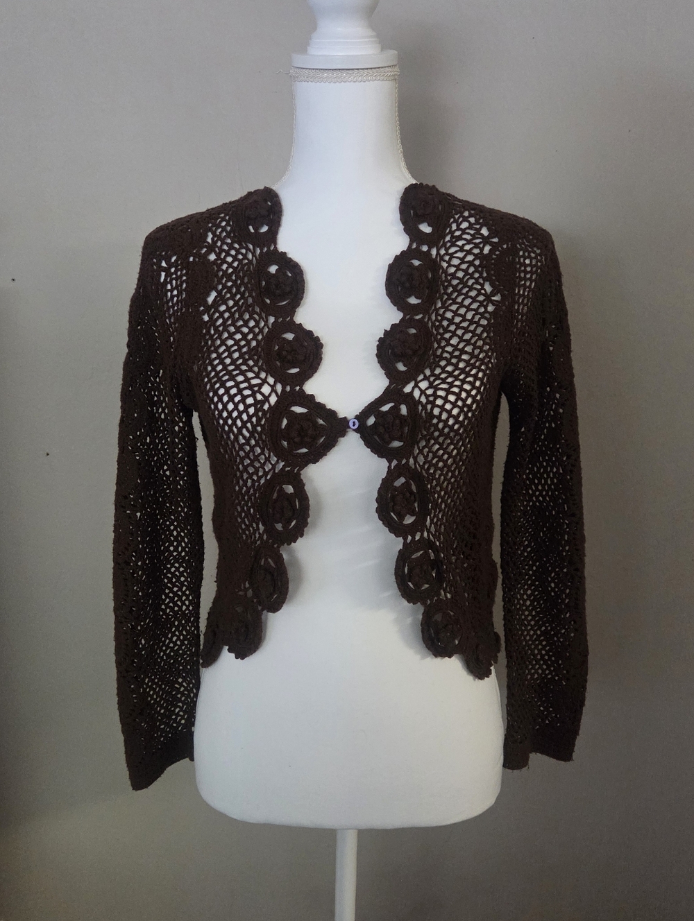 Vintage Karen Kane Petites Chocolate Brown Crochet Cardigan
